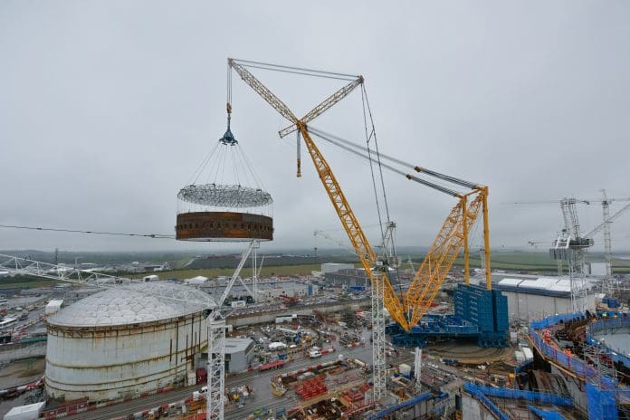 Big Carl, the world's largest crane, lifting the final liner ring for Hinckley Point C