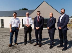 Professor Jamie Goggins, University of Galway and director, ConstructInnovate; Neil Kerrigan, department manager, Technology, Infrastructure & Collaboration, Enterprise Ireland; Minister of enterprise, trade and employment, Peter Burke TD; Seán Armstrong, principal officer, Department of Housing, Local Government & Heritage; Colm McHugh, centre manager, Construct Innovate. Picture: Damien Eagers