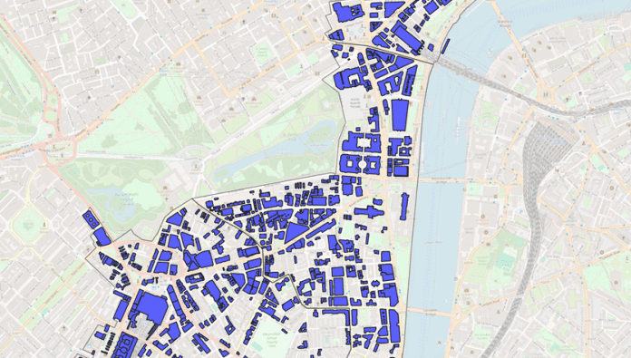 An area map of the buildings that could utilise the UK's largest heat network