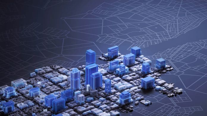 Top view of a city business district with 3D buildings, illuminated by white and blue glowing lights. 10 years on from Plain Language BIM: Why are we still struggling?