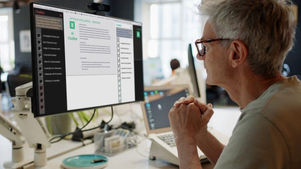 Stock image of a mature man, in an open office, looking into a computer screen as type is being added to the screen by an Artificial intelligence, AI, chatbot.