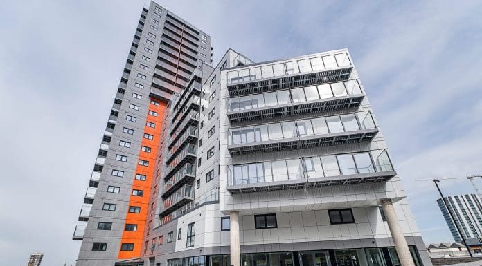 The Mast Quays tower block, including the orange cladding that will need replacing