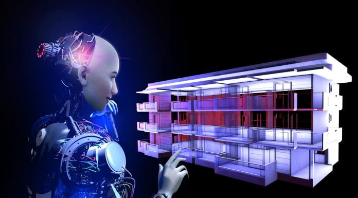 Human face cyborg is designing a virtual building in the future. Building isolation systems in the future. New horizontal architecture technology.