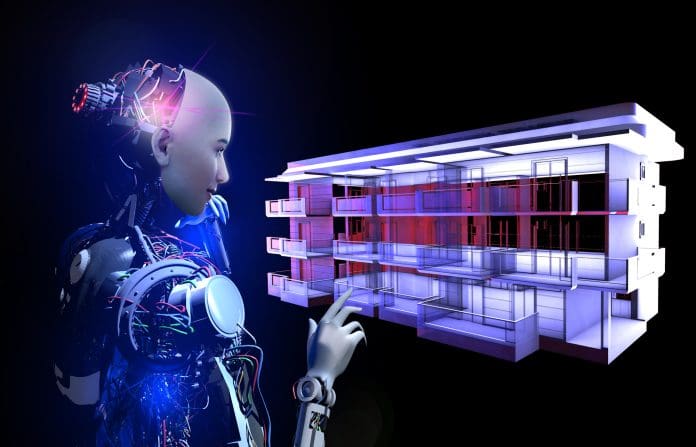 Human face cyborg is designing a virtual building in the future. Building isolation systems in the future. New horizontal architecture technology.