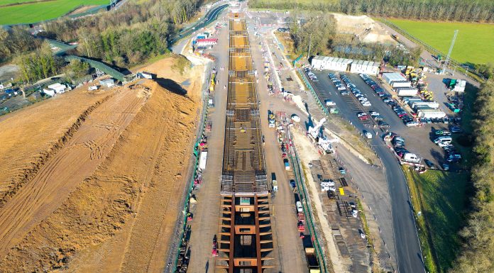 Aerial view of the Small Dean viaduct being assembled by the A413