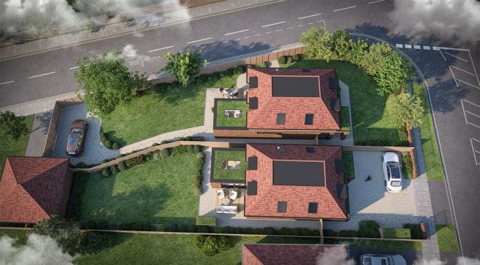 An aerial shot of modular housing built at The Green Quarter, Bromley, representing offsite housebuilding