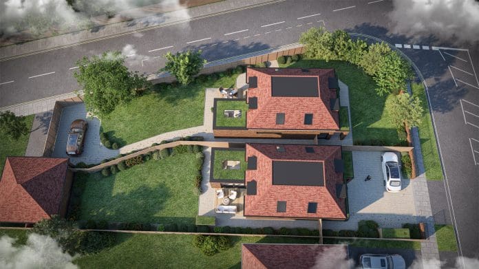 An aerial shot of modular housing built at The Green Quarter, Bromley, representing offsite housebuilding