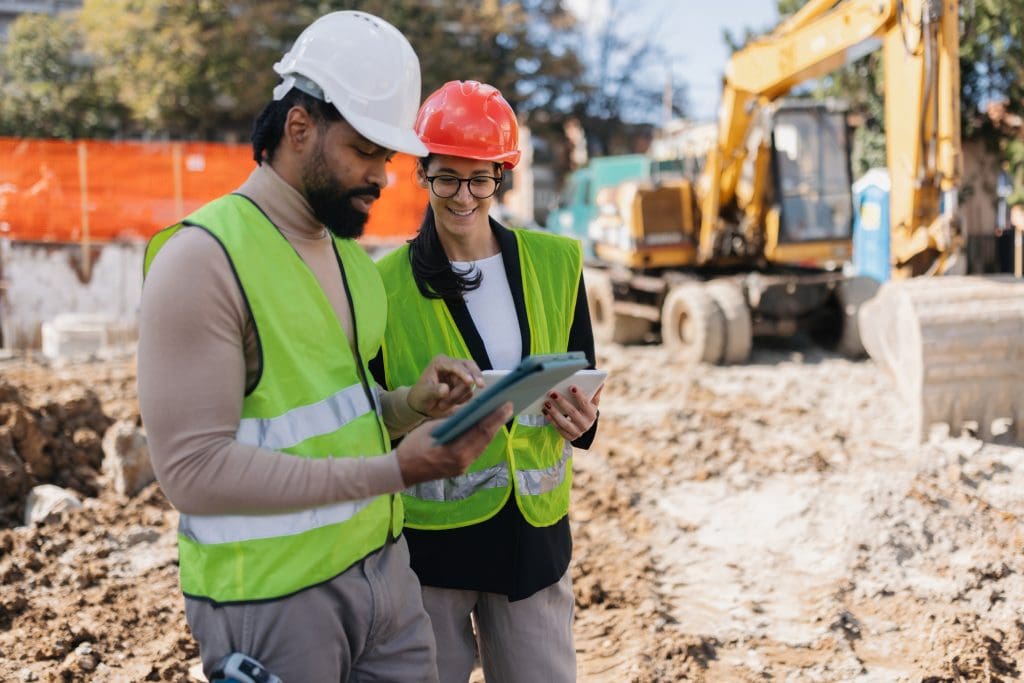 A constructive conversation between workers reviewing project plans, highlighting teamwork and problem-solving in a vibrant construction site bustling with activity.