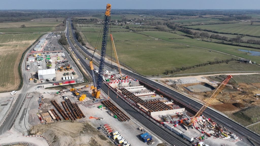 The HS2 Brackley A43 bridge's steel beams being lifted into place