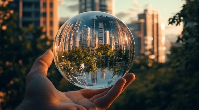 A hand holding a glass sphere with a city reflected in it, representing Nemetschek Group looks at the key trends set to shape the digital transformation of the AEC/O industry in 2025