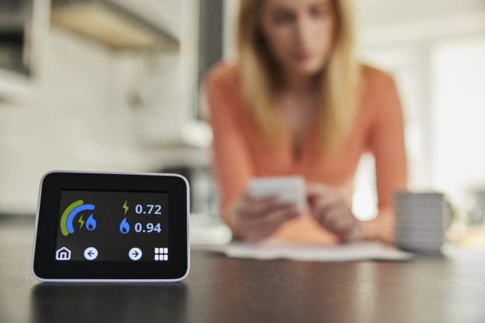 Energy Meter In Kitchen Measuring Electricity And Gas Use With Woman Looking At Bills With Calculator, representing the warm homes plan