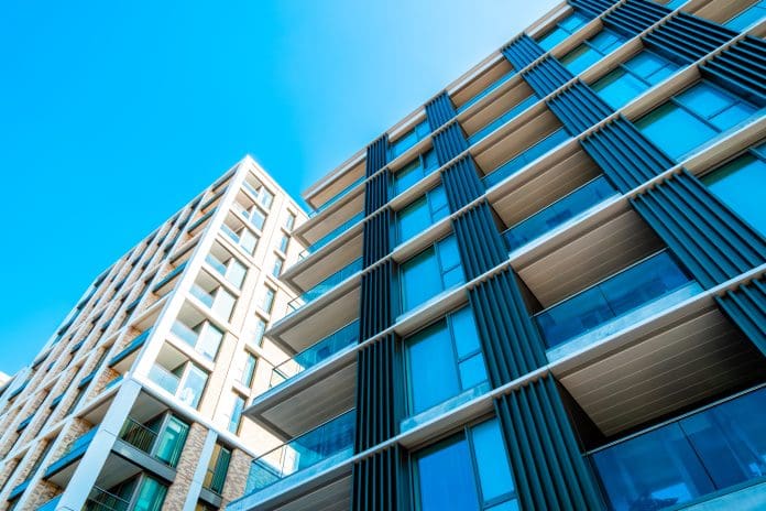 Looking up at high rise buildings. Fire safety